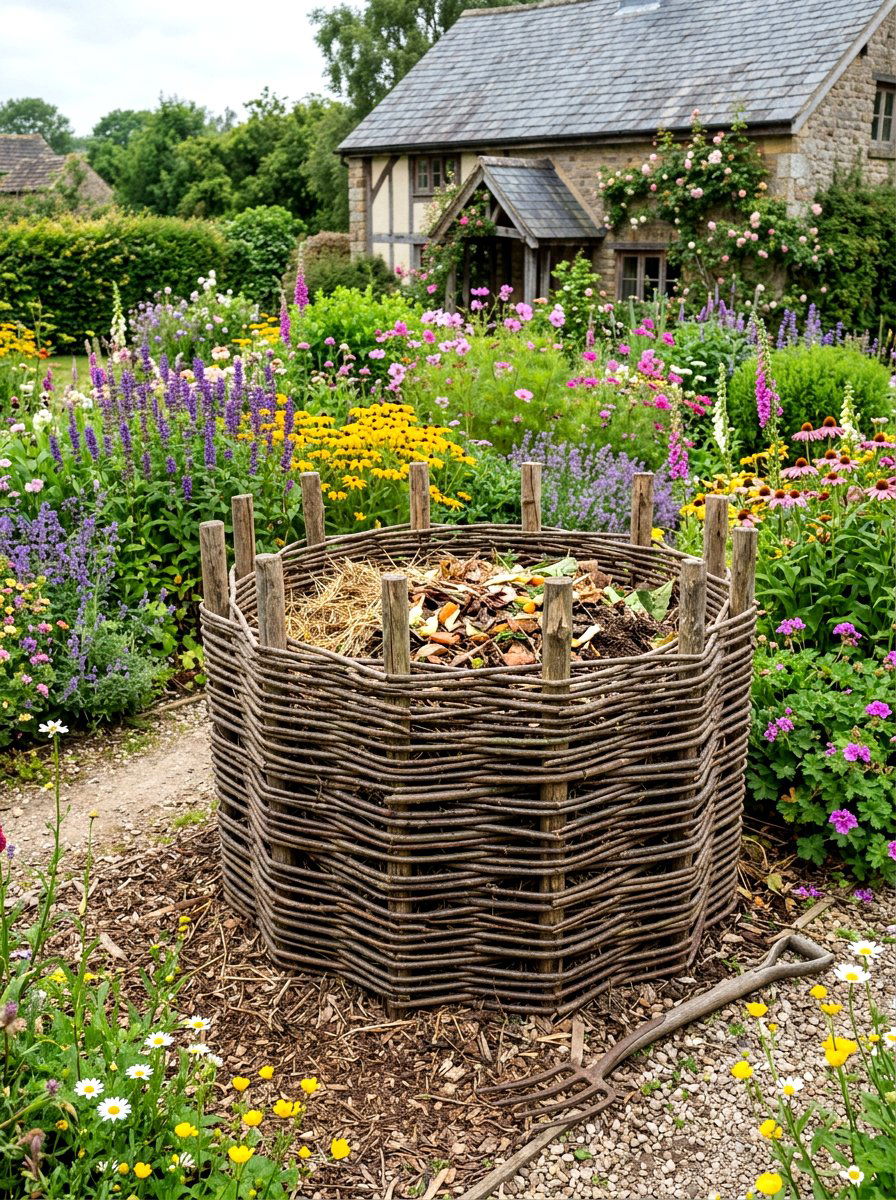Woven wattle compost bin - 30 compost corner garden ideas