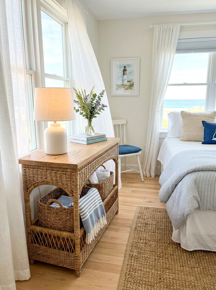 Woven wicker basket stand - 30 guest room nightstand ideas