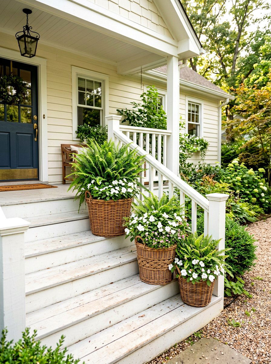 Woven wicker baskets - 30 porch step planter ideas