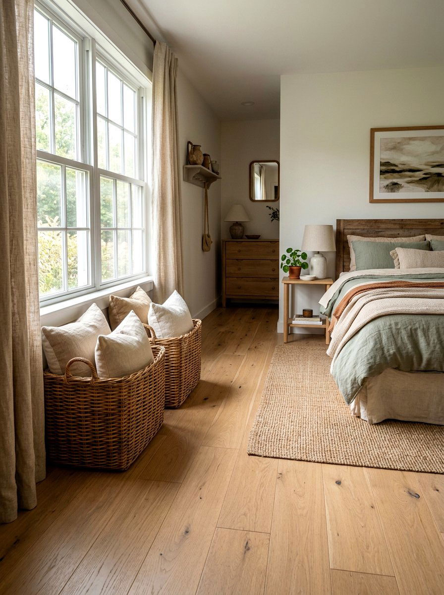 Woven wicker baskets - 30 calm sensory bedroom decor ideas