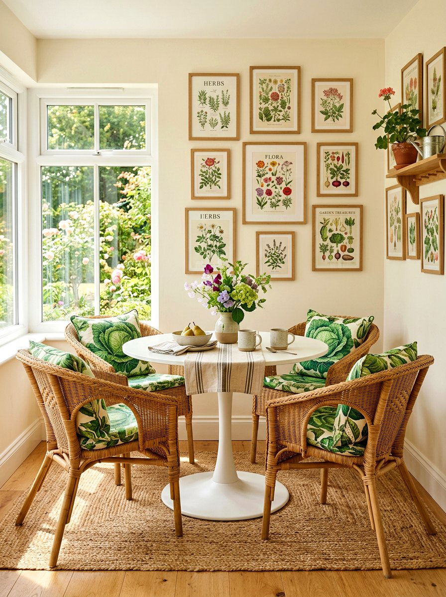 Woven wicker chairs with botanical cushions - 30 cabbagecore dining room ideas