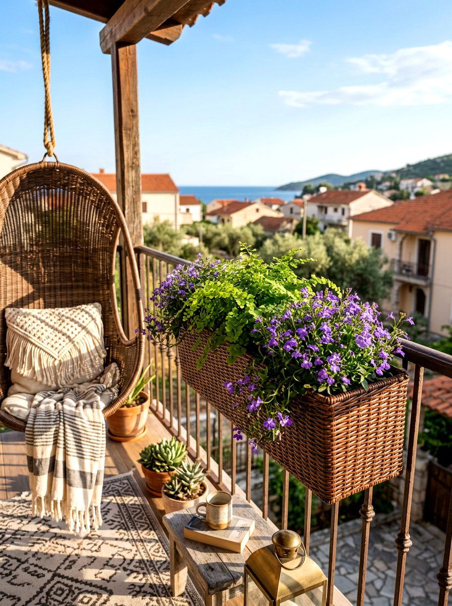 Woven wicker flower box - 30 balcony flower box ideas