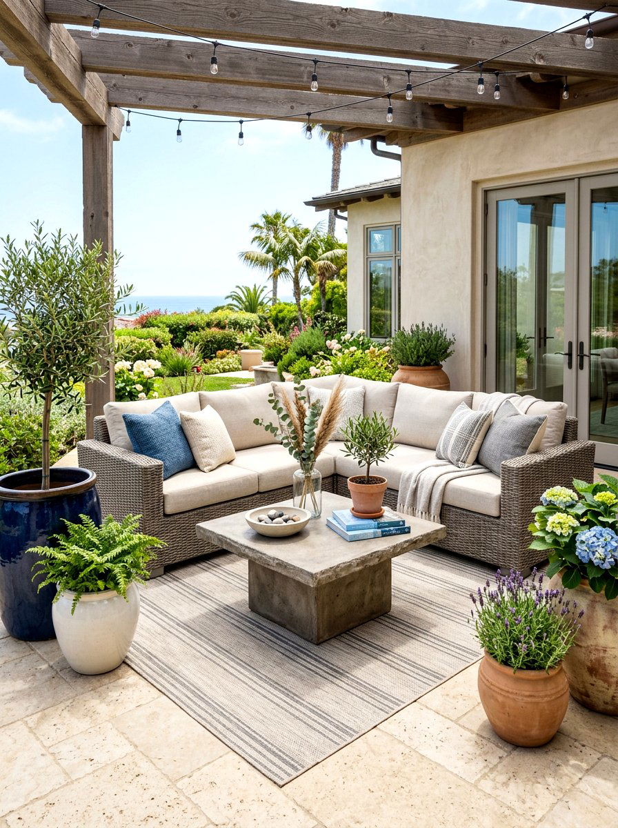 Woven wicker patio furniture - 30 neutral backyard styling ideas