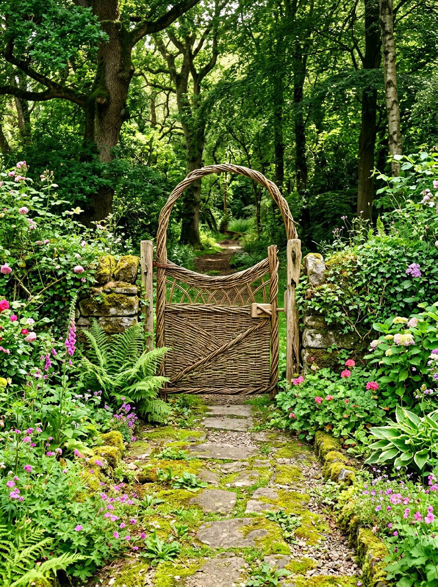 Woven willow branch gate - 30 cottage gate curb appeal ideas