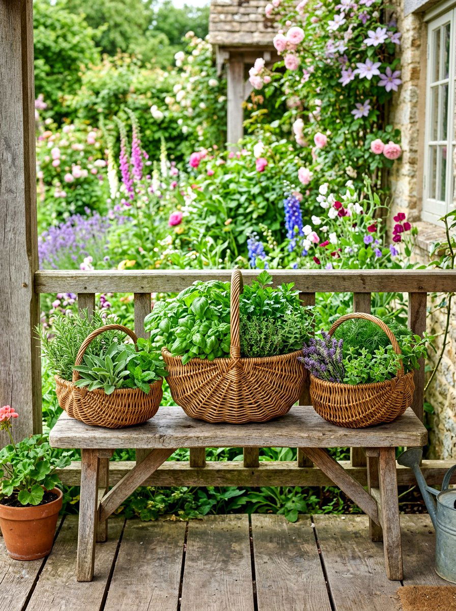 Woven willow herb basket - 30 backyard herb garden ideas