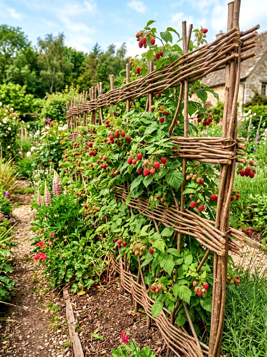 Woven willow raspberry trellis - 30 raspberry trellis ideas