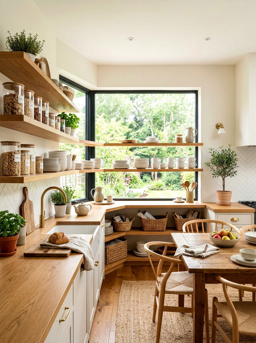 Wrap Around Open Kitchen Shelves - 30 breakfast corner shelves ideas