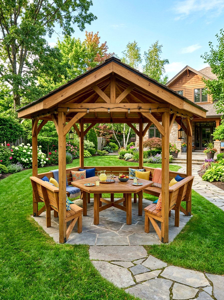Wrap around bench pavilion - 30 hexagon pavilion ideas