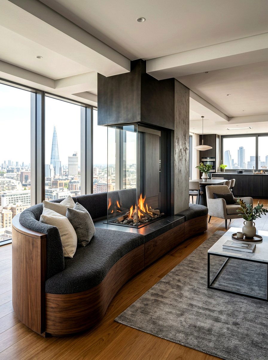 Wrap around fireplace bench - 30 hearth seating ideas