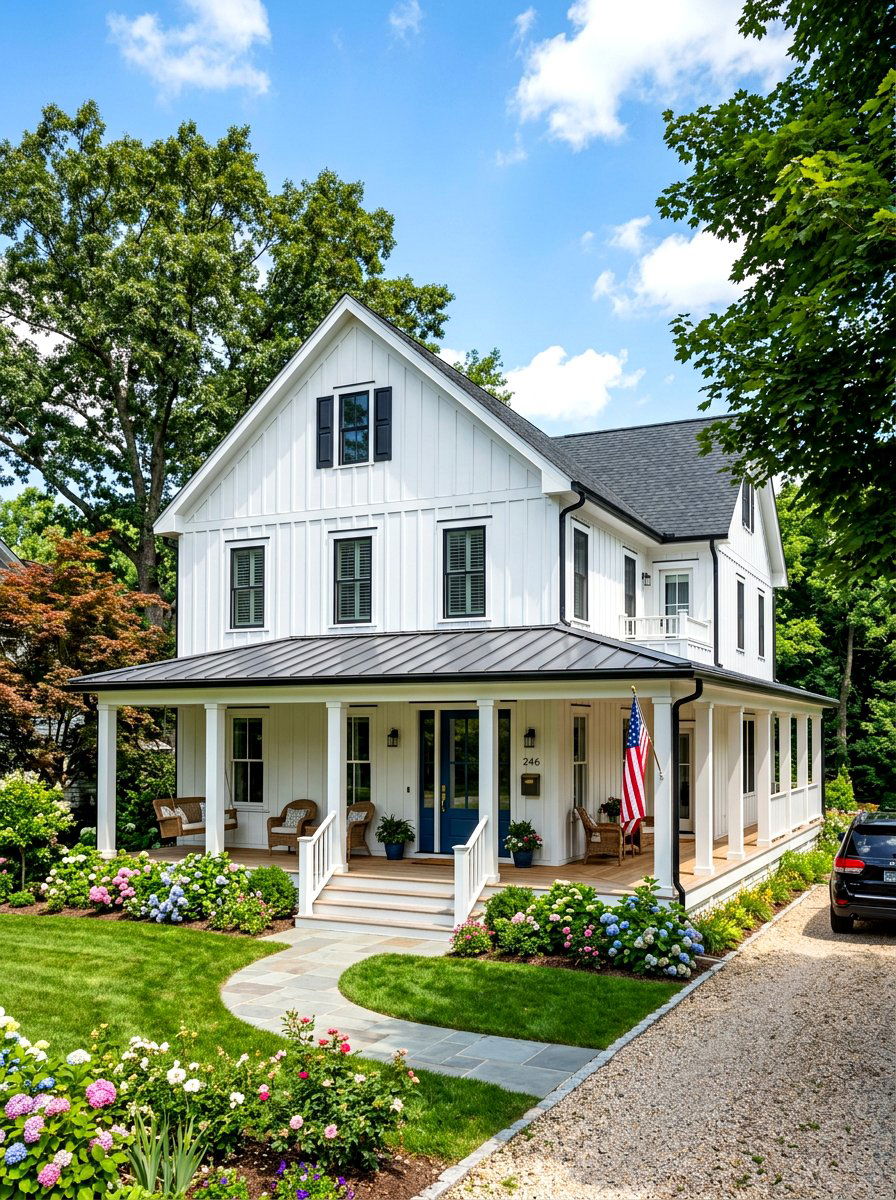 Wrap around porch with board and batten - 30 board and batten exterior trim ideas