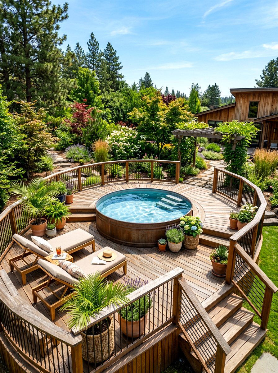 Wraparound Cedar Decking - 30 stock tank pool deck ideas