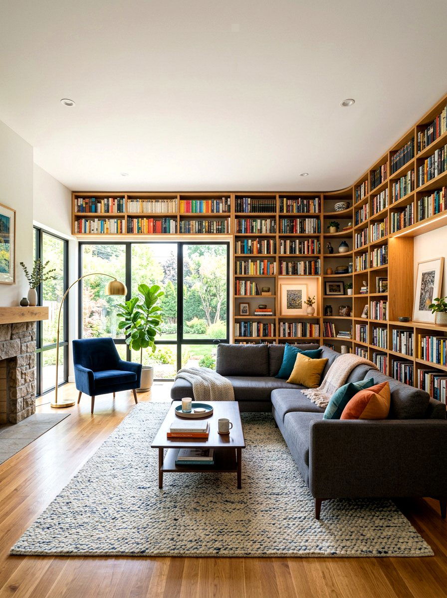 Wraparound Corner Book Wall - 30 book wall living room ideas