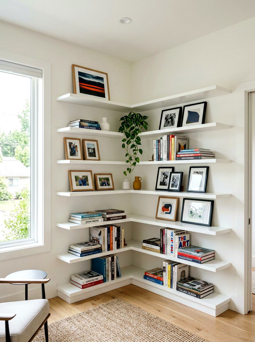Wraparound corner shelving - 30 office shelving styling ideas