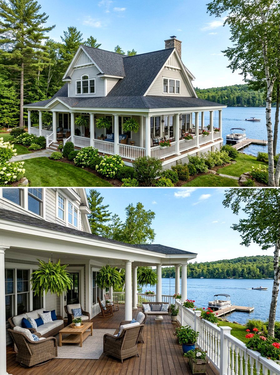 Wraparound porch lake house - 30 lake house exterior ideas