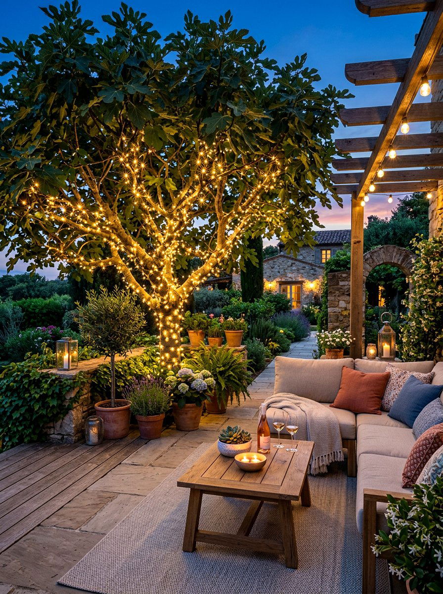 Wrapped Fairy Light Fig Tree - 30 fig tree patio ideas