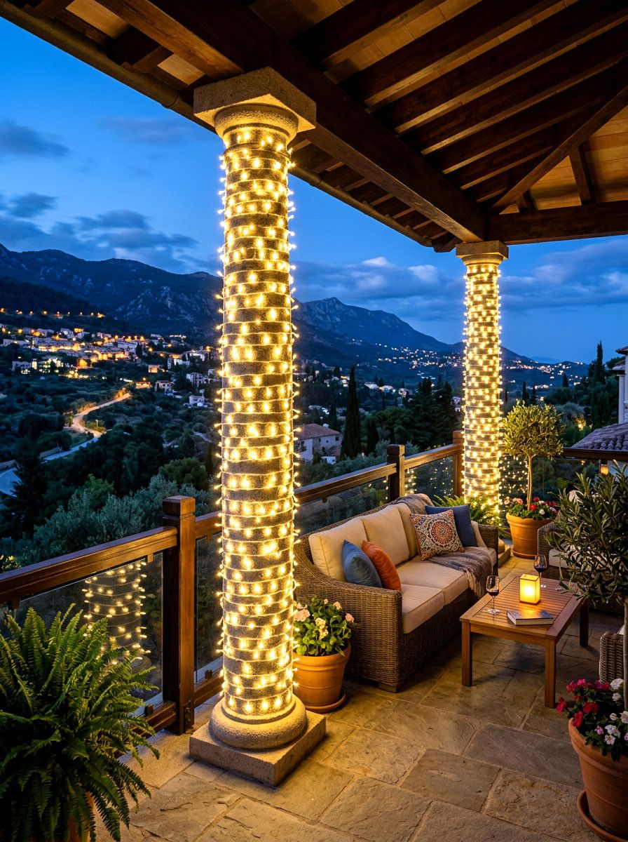 Wrapped Pillar Lights - 30 apartment patio mood lighting ideas