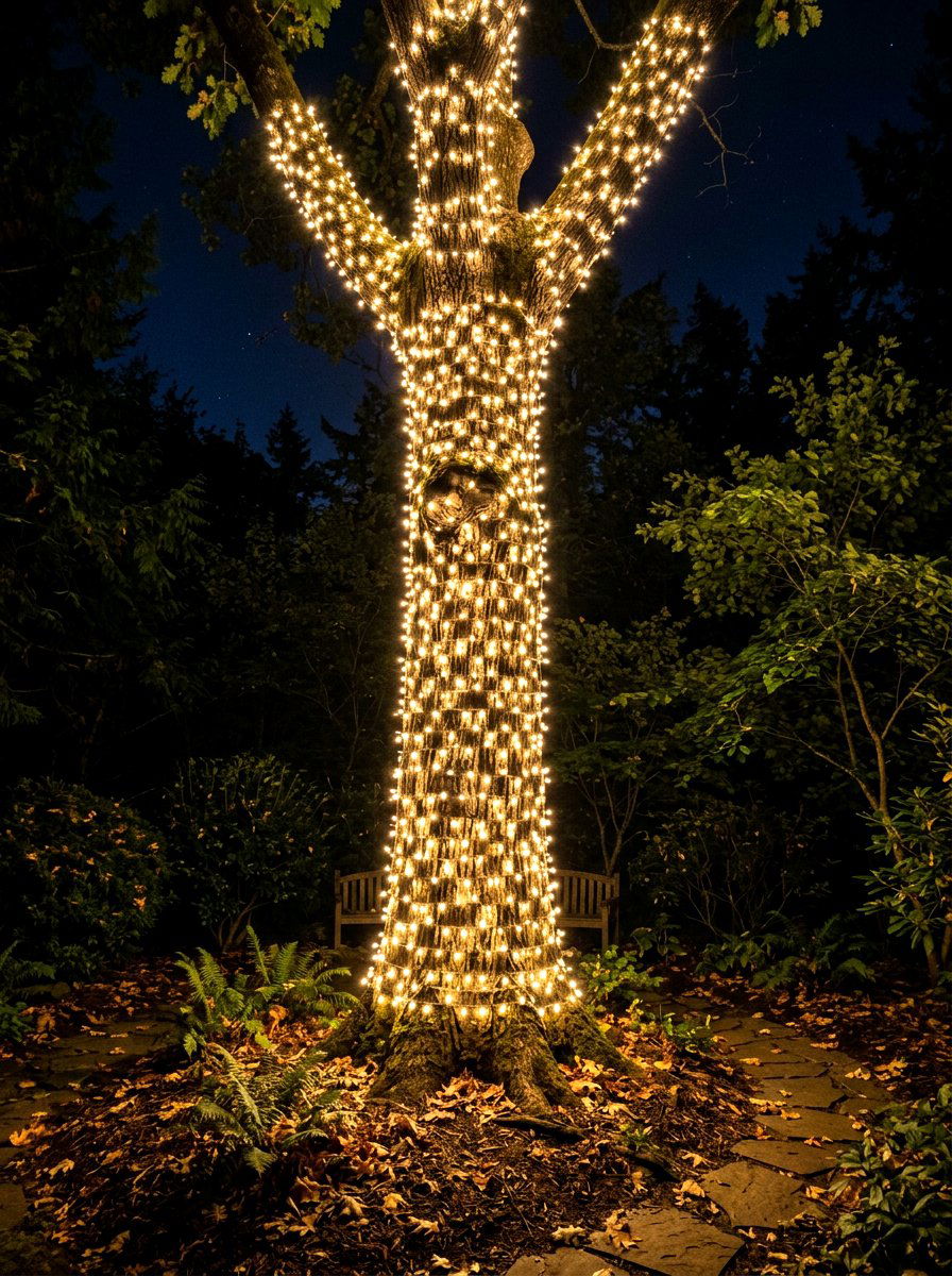 Wrapped tree lights - 30 moonlight backyard ideas