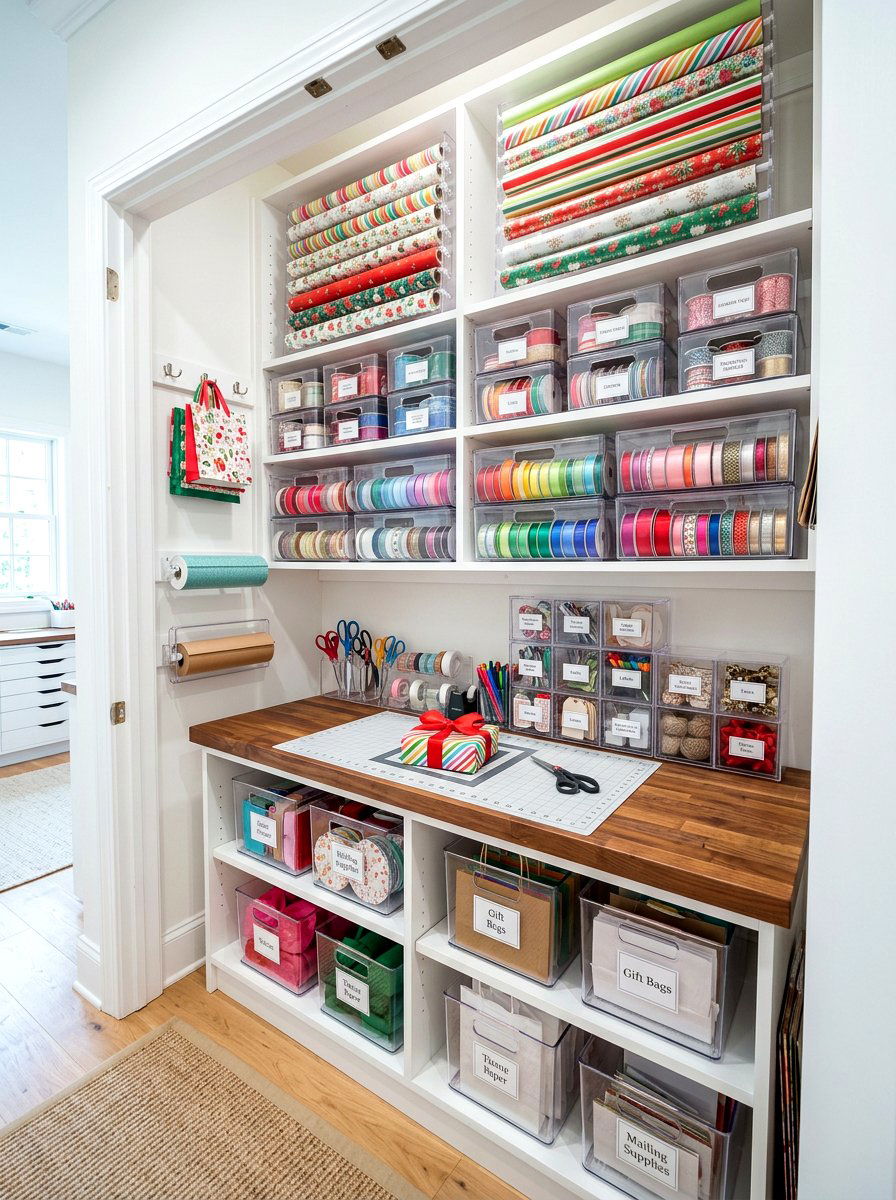 Wrapping Paper Accessory Bins - 30 clear bin organization ideas