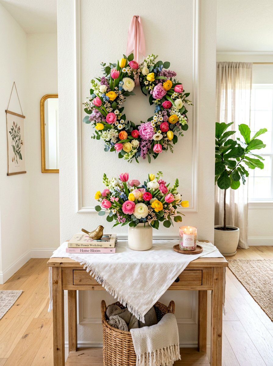 Wreath Above Entry Table - 30 spring entry table ideas