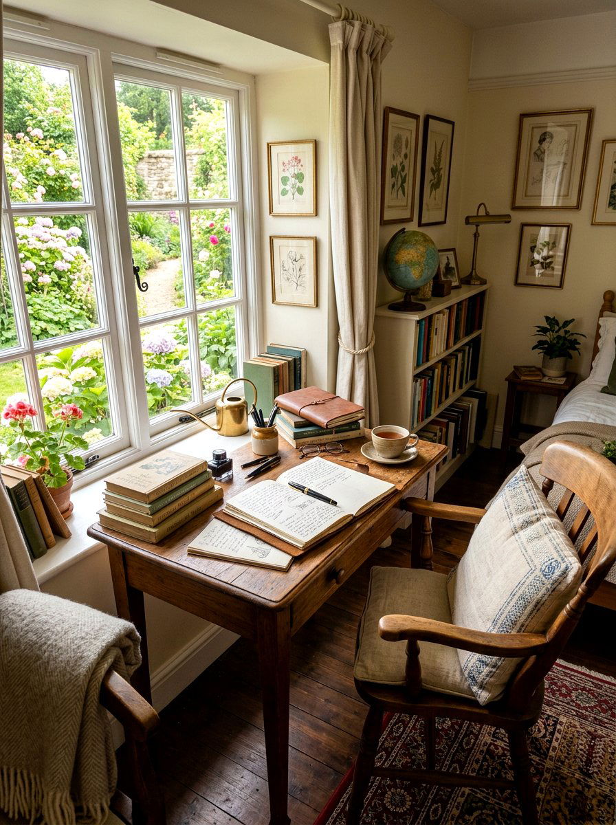 Writing nook by window - 30 light academia bedroom ideas