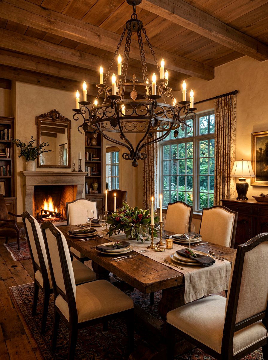 Wrought Iron Chandelier - 30 warm traditional dining room ideas
