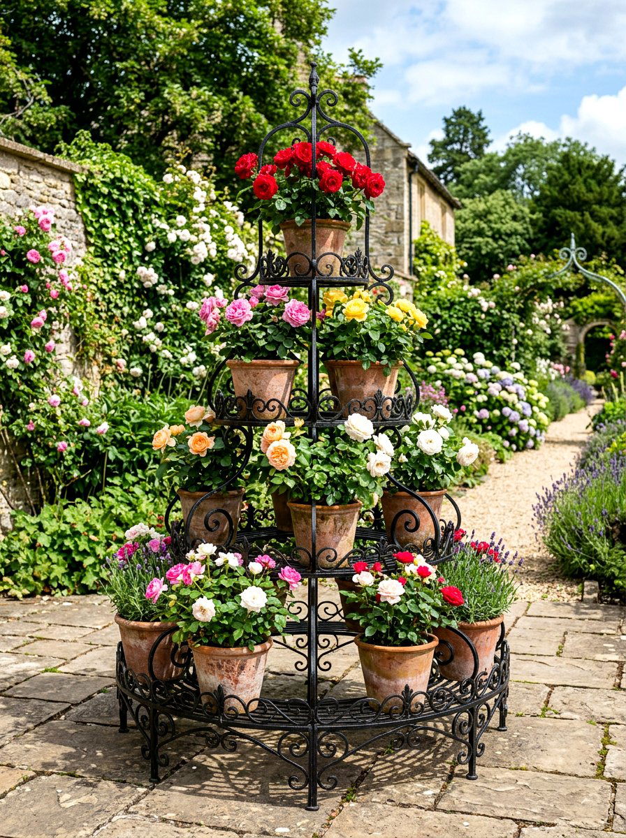 Wrought Iron Flower Stand - 30 vertical garden shelf ideas