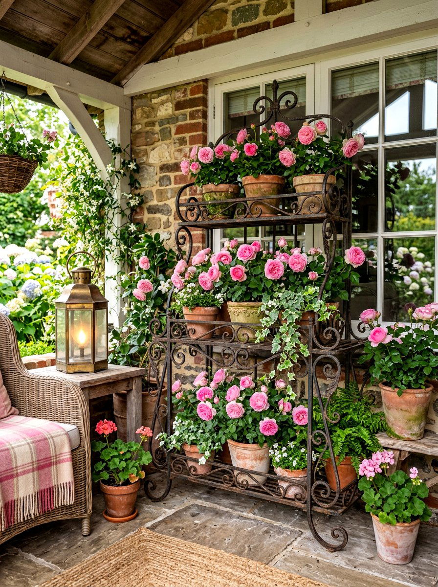 Wrought Iron Flower Stand - 30 porch rose planter ideas