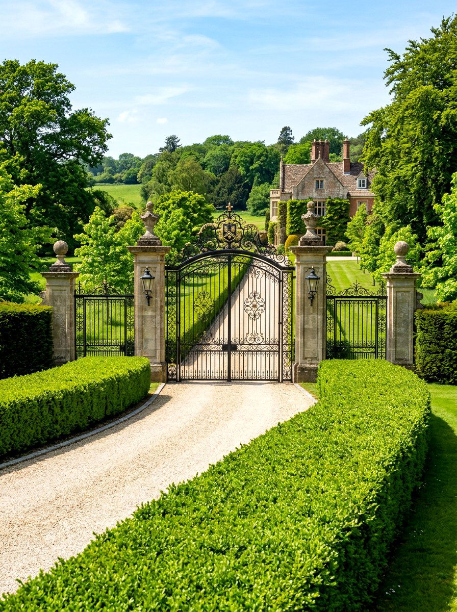 Wrought Iron Gate With Boxwood Hedges - 30 driveway gate landscaping ideas