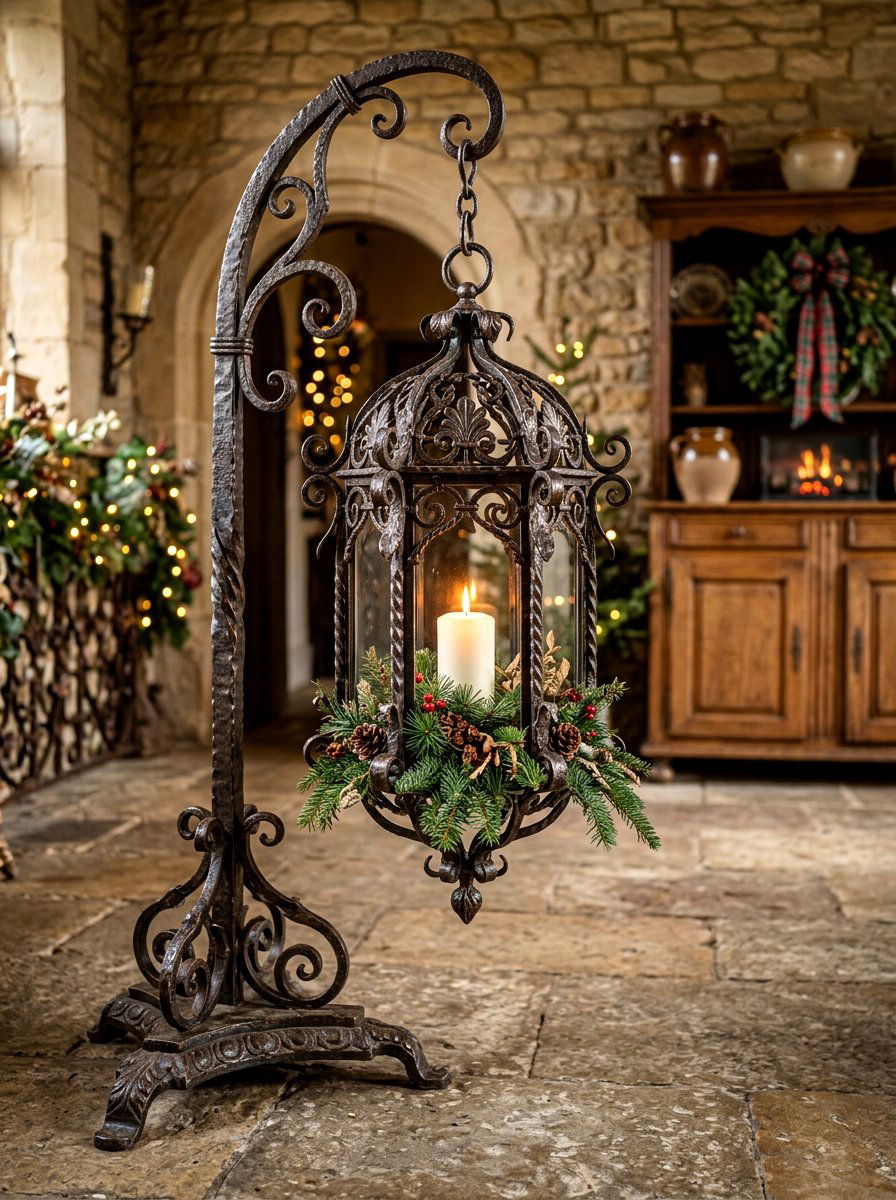 Wrought Iron Lantern Winter Display - 30 winter porch lantern ideas