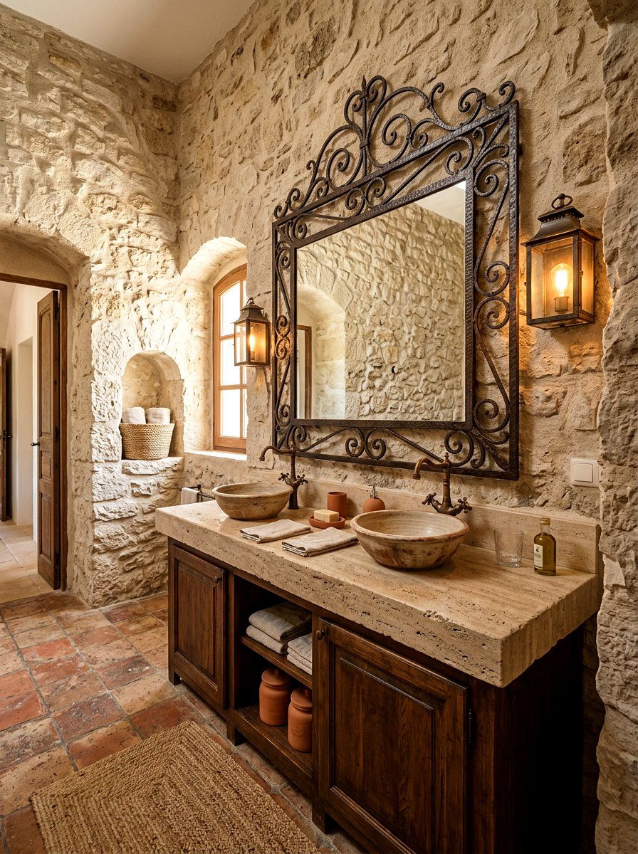 Wrought Iron Mirror - 30 old world bathroom ideas