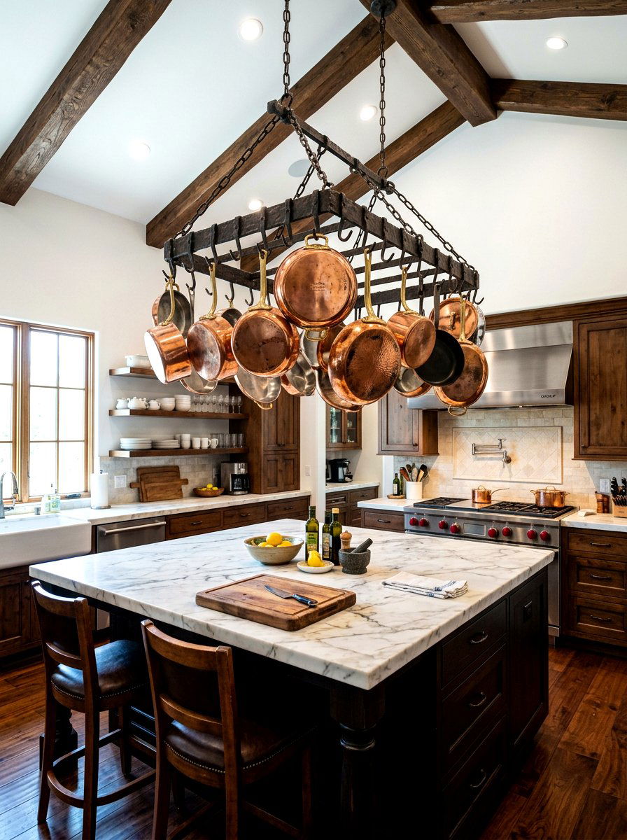 Wrought Iron Pot Racks - 30 heirloom kitchen decor ideas