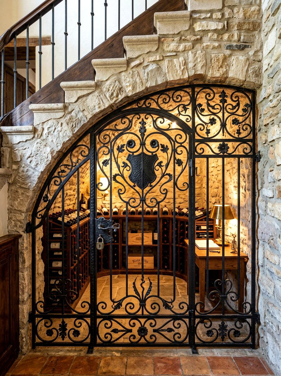Wrought Iron Wine Gate - 30 under stairs wine nook ideas