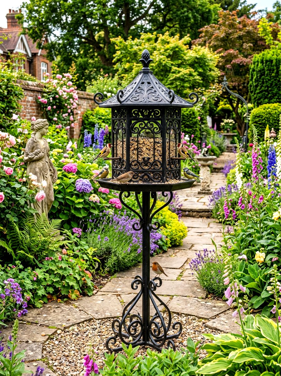 Wrought iron bird feeder - 30 bird feeder garden ideas