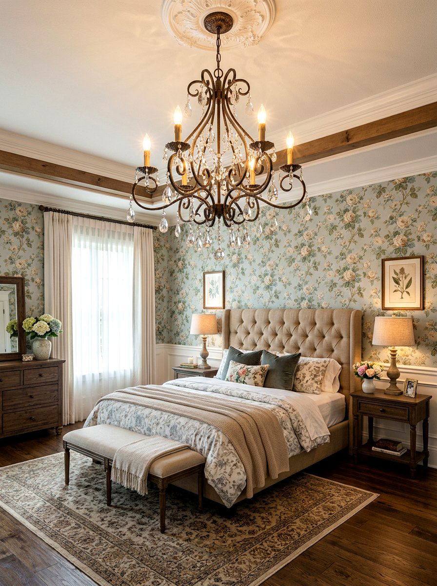 Wrought iron chandelier - 30 romantic cottage bedroom ideas