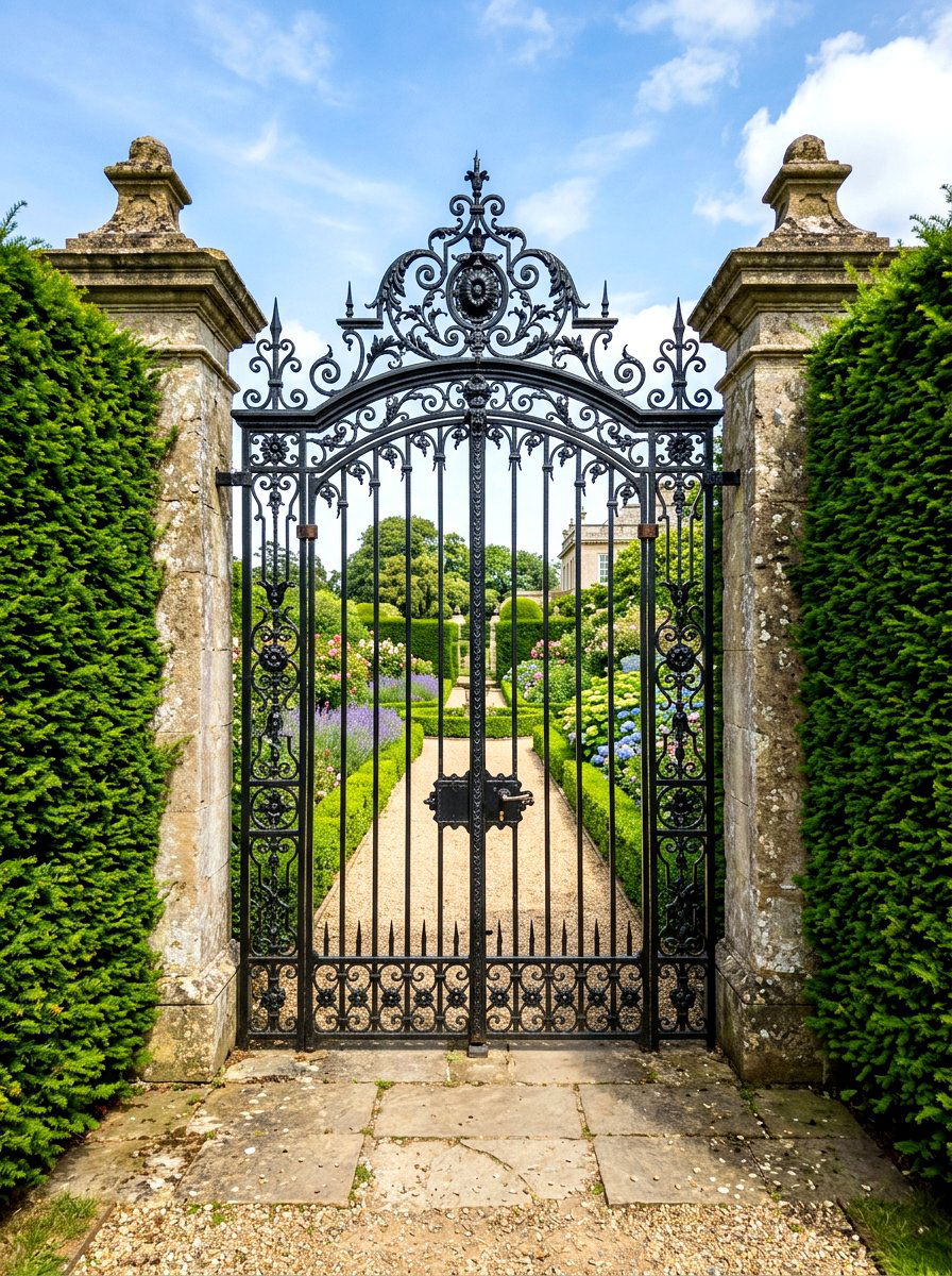 Wrought iron gate - 30 formal front garden ideas