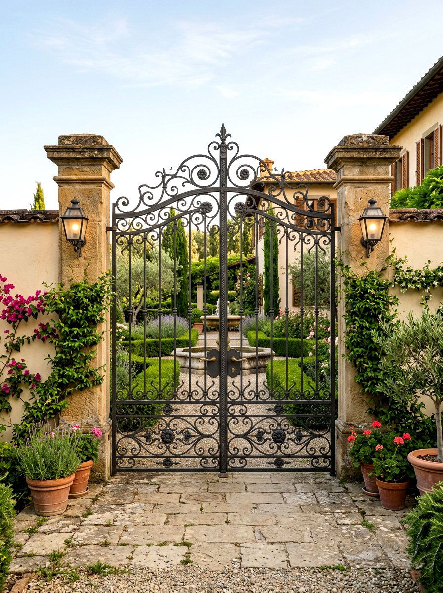 Wrought iron gate courtyard - 30 Mediterranean front courtyard ideas