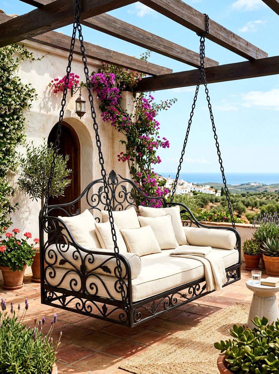 Wrought iron hanging bed - 30 porch swing bed ideas