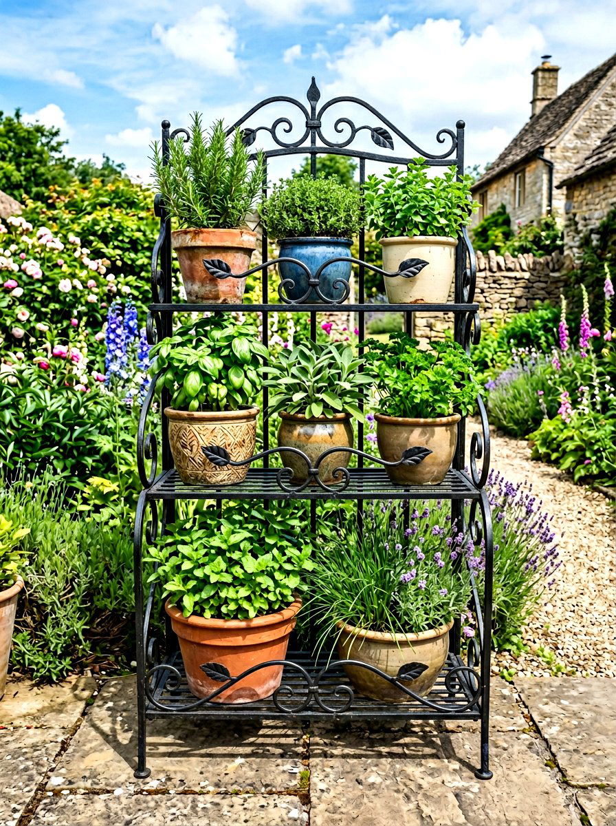 Wrought iron herb stand - 30 backyard herb garden ideas