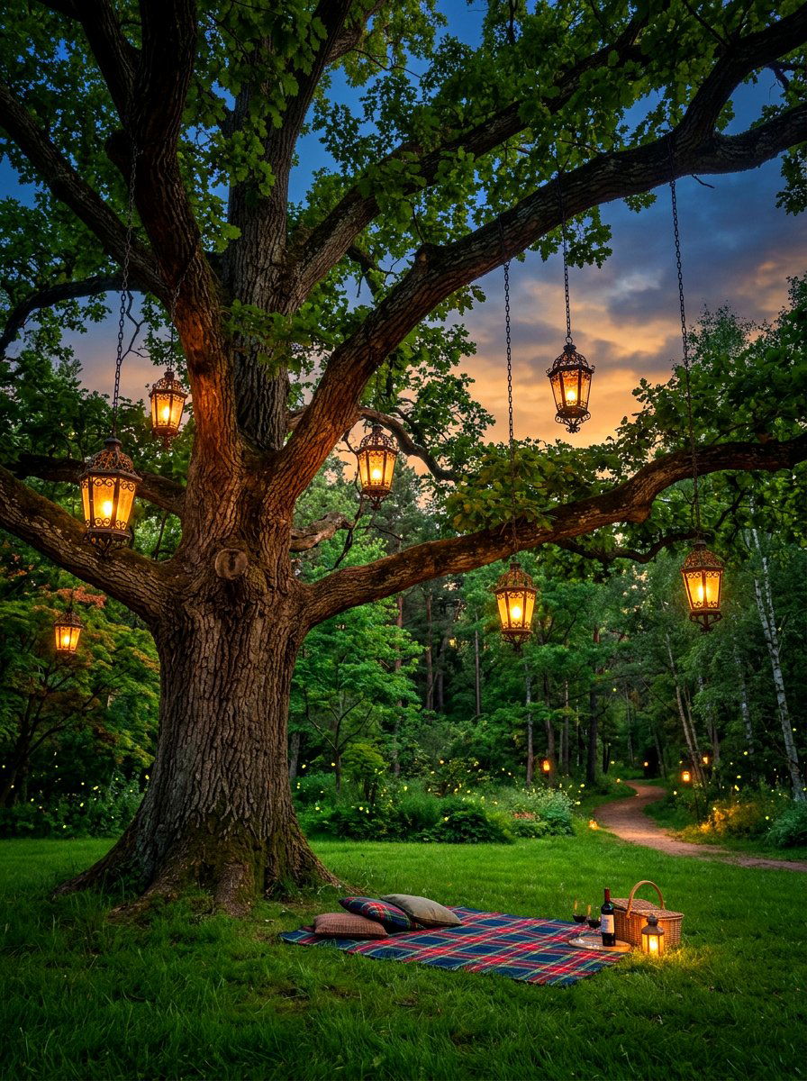 Wrought iron lanterns hanging from trees - 30 candle lantern patio styling ideas