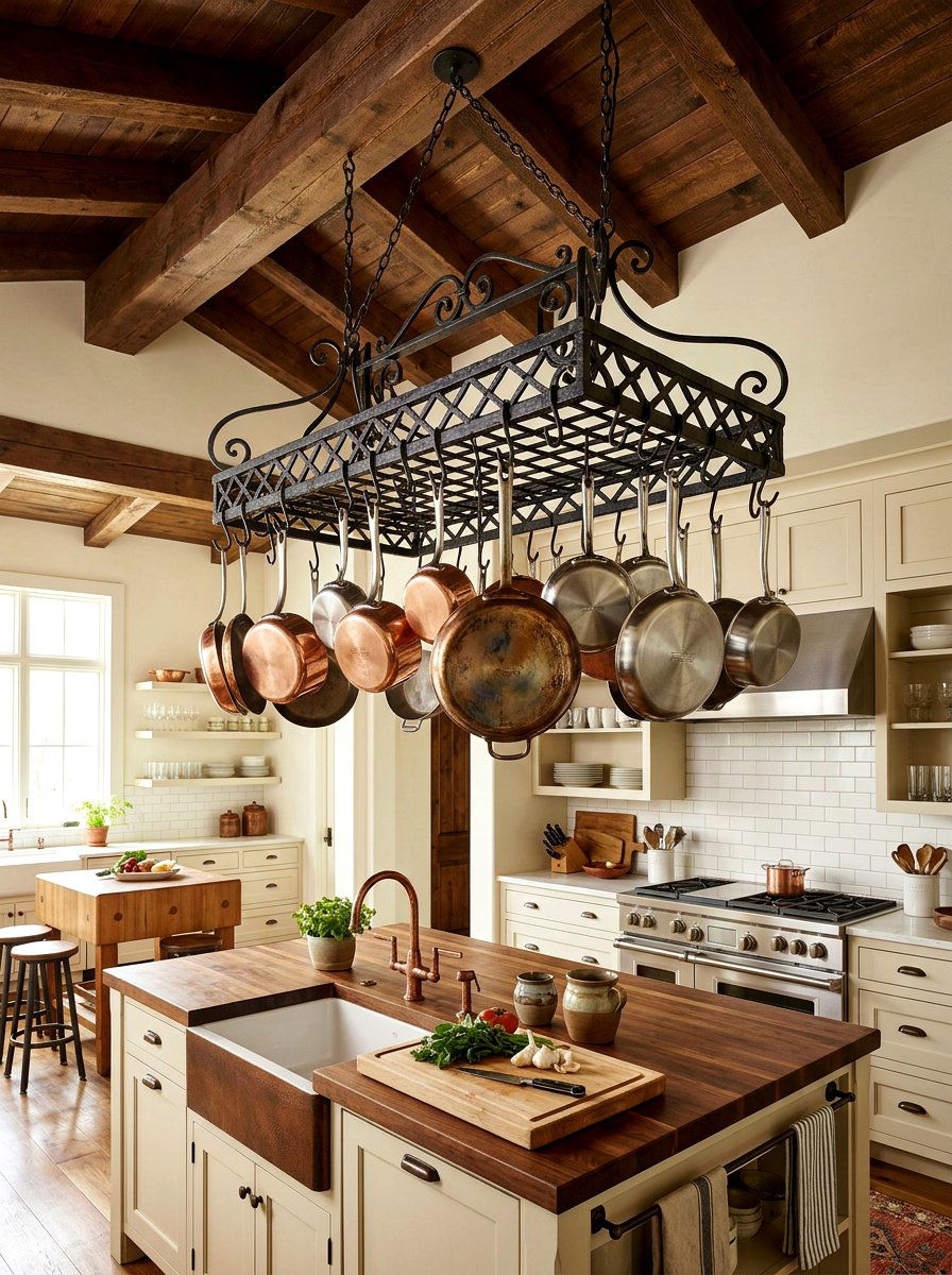 Wrought iron pot rack - 30 French country kitchen ideas