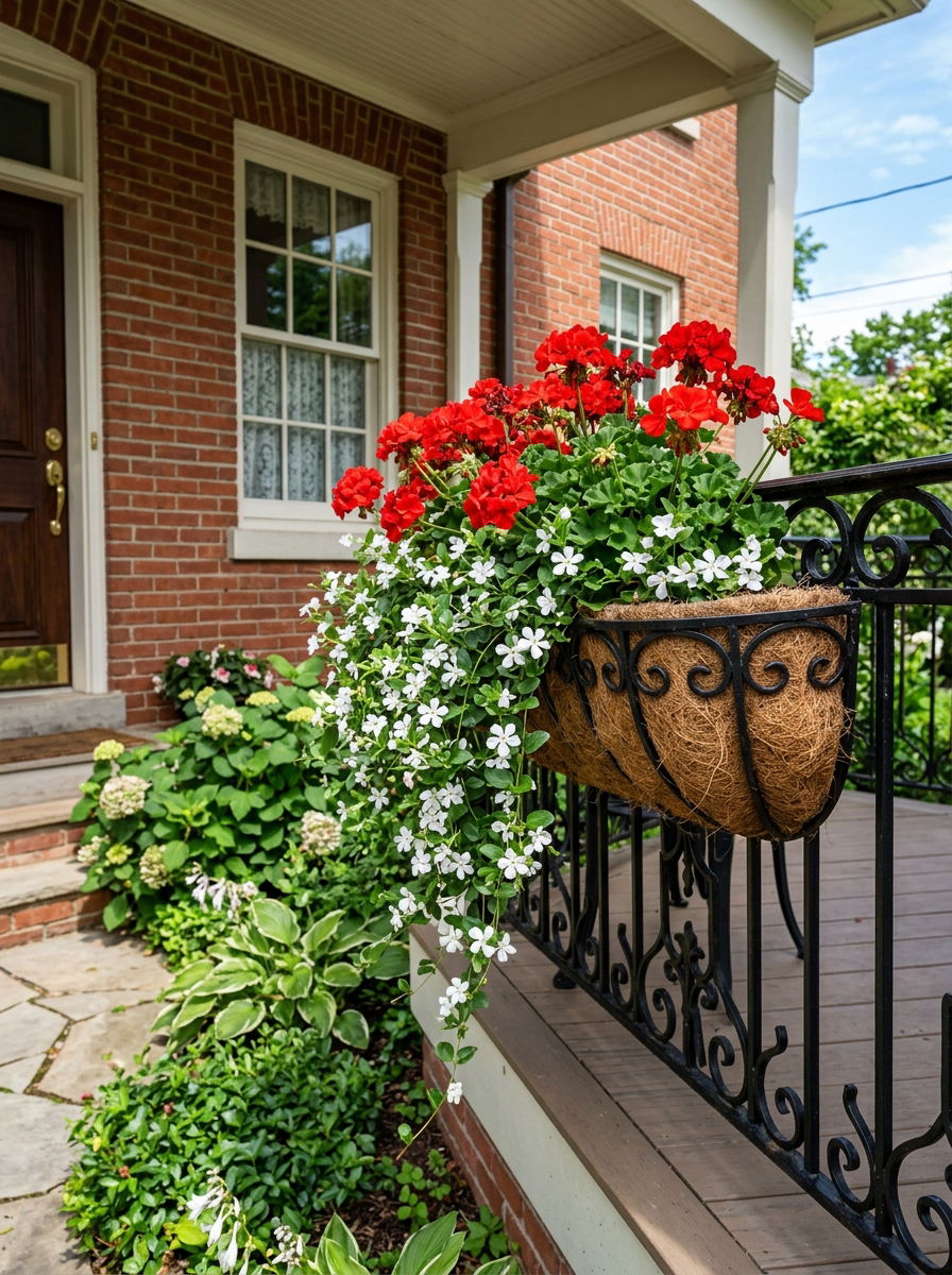 Wrought iron railing basket - 30 railing planter ideas