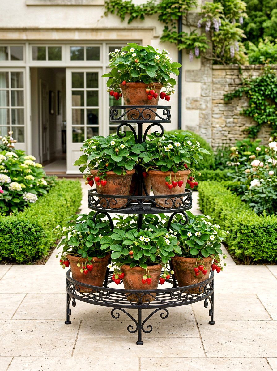 Wrought iron strawberry stand - 30 strawberry planter ideas