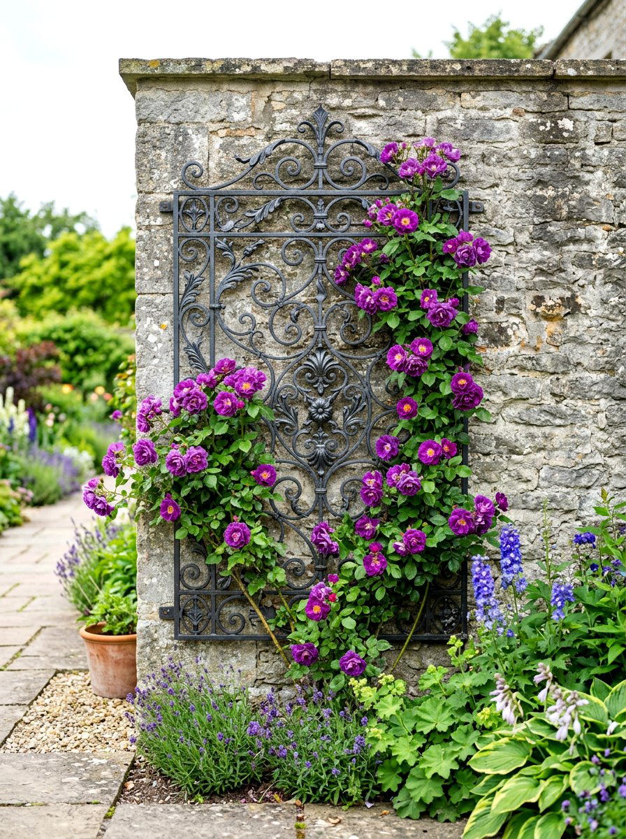 Wrought iron wall panel - 30 climbing rose trellis ideas
