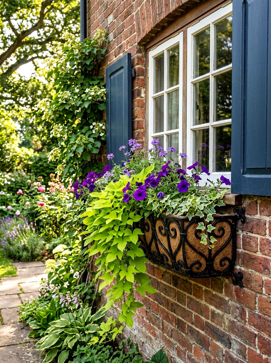 Wrought iron window basket - 30 front window planter ideas
