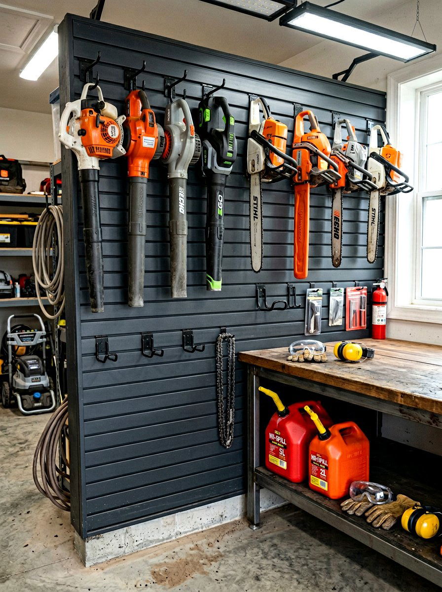 Yard power tool station - 30 garage slatwall ideas