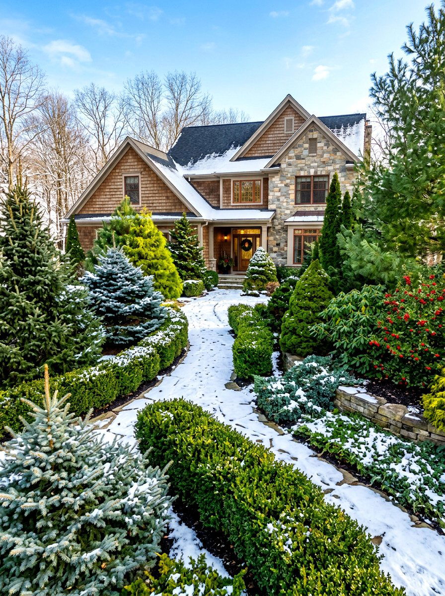 Year round green landscaping - 30 evergreen front yard ideas