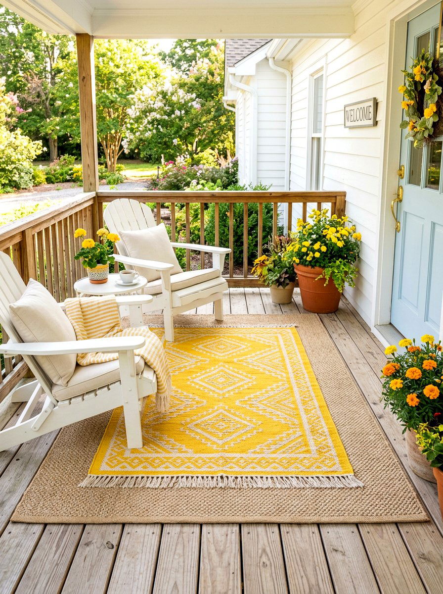 Yellow Accent Rug On Neutral Base - 30 outdoor rug layering ideas