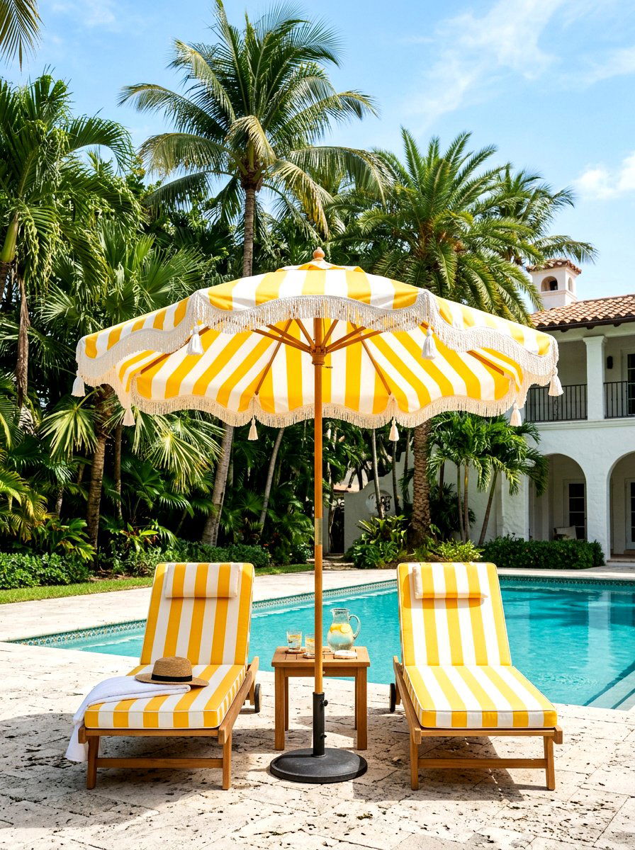 Yellow And White Retro Hotel Style - 30 striped cabana backyard ideas