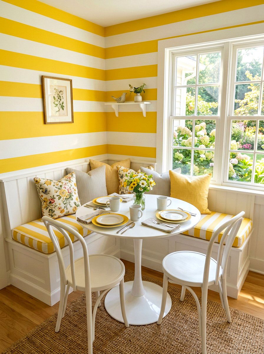 Yellow And White Stripe Breakfast Nook - 30 stripe drench room ideas