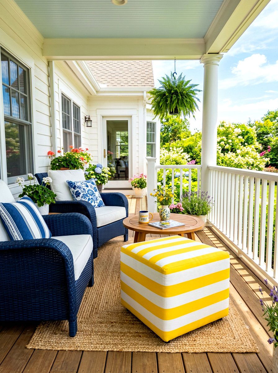 Yellow And White Striped Porch Ottoman - 30 striped outdoor cushion porch ideas